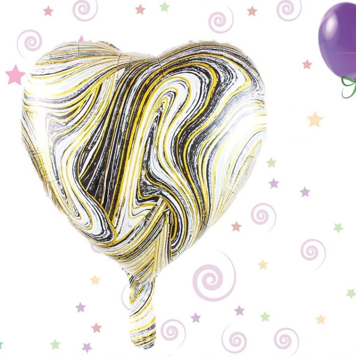 Set 2 Baloane din Folie Metalizata, , Figurine Inima si Stea, Model Marmura, 45 cm, Ambalaj Individual, Pai Inclus, Umflare cu Aer sau Heliu, Bej [7]