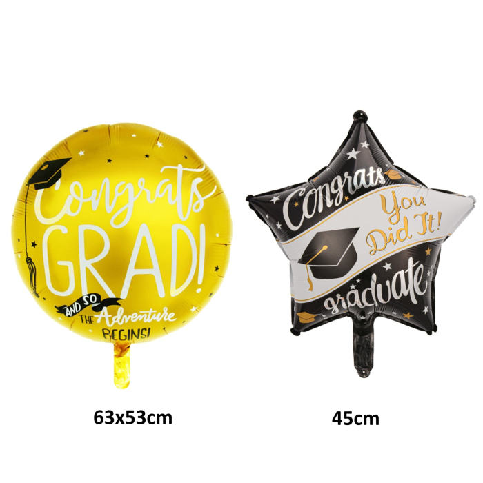 Set 2 Baloane din Folie Metalizata, , Figurine Stea 45 cm si Minge 63x53 xm, Model Absolvire, Ambalaj Individual, Pai Inclus, Umflare cu Aer sau Heliu, Multicolor [3]