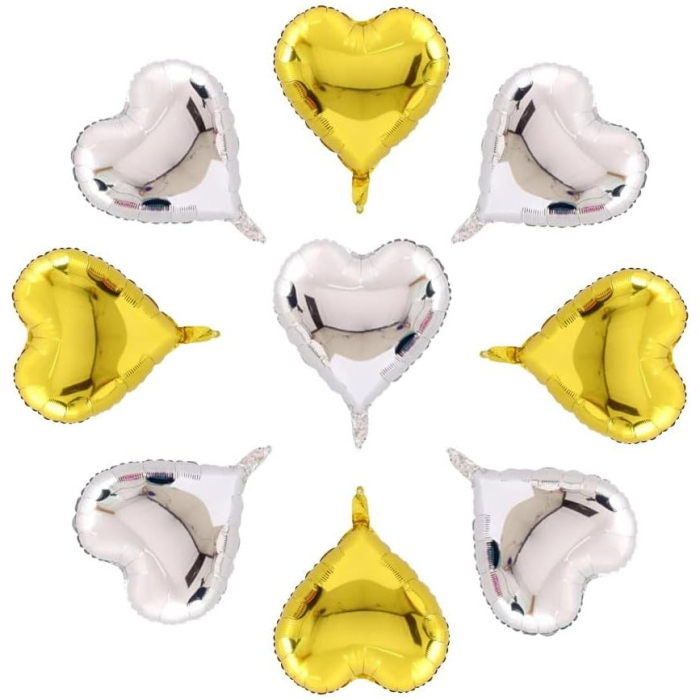 Set 2 Baloane din Folie Metalizata, , Model Inimi, Tema Ziua Indragostitilor, 45 cm, Ambalaj Individual, Pai Inclus, Umflare cu Aer sau Heliu, Argintiu/Auriu [3]
