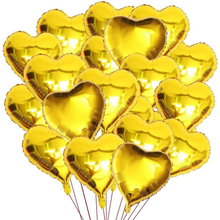 Set 2 Baloane din Folie Metalizata, , Model Inimi, Tema Ziua Indragostitilor, 45 cm, Ambalaj Individual, Pai Inclus, Umflare cu Aer sau Heliu, Argintiu/Auriu [6]