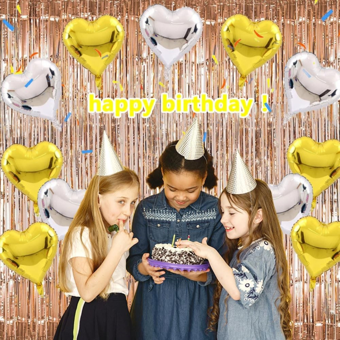 Set 2 Baloane din Folie Metalizata, , Model Inimi, Tema Ziua Indragostitilor, 45 cm, Ambalaj Individual, Pai Inclus, Umflare cu Aer sau Heliu, Argintiu/Auriu [2]