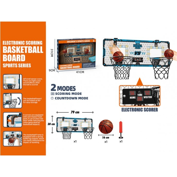 Set 2 Cosuri de Baschet pentru Copii, , cu Tablou de Bord Electronic, Pentru 2 Jucatori, Minge, Pompa, 2 Moduri, Interior/Exterior, Inel Metalic si Rabatabil cu Arc, Luminos, 60x31x6 cm, Multicolor [4]