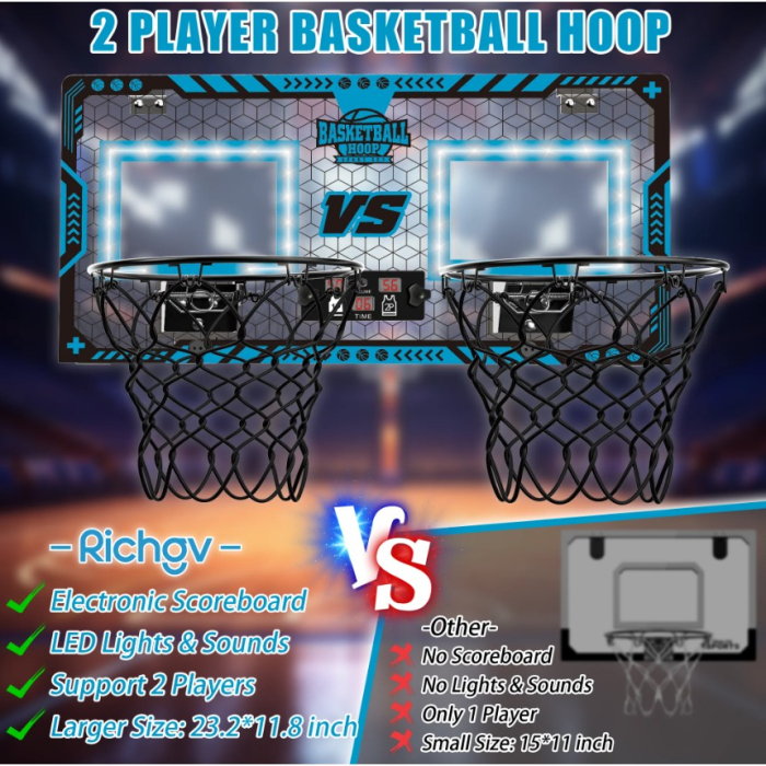 Set 2 Cosuri de Baschet pentru Copii, , cu Tablou de Bord Electronic, Pentru 2 Jucatori, Minge, Pompa, 2 Moduri, Interior/Exterior, Inel Metalic si Rabatabil cu Arc, Luminos, 60x31x6 cm, Multicolor [7]