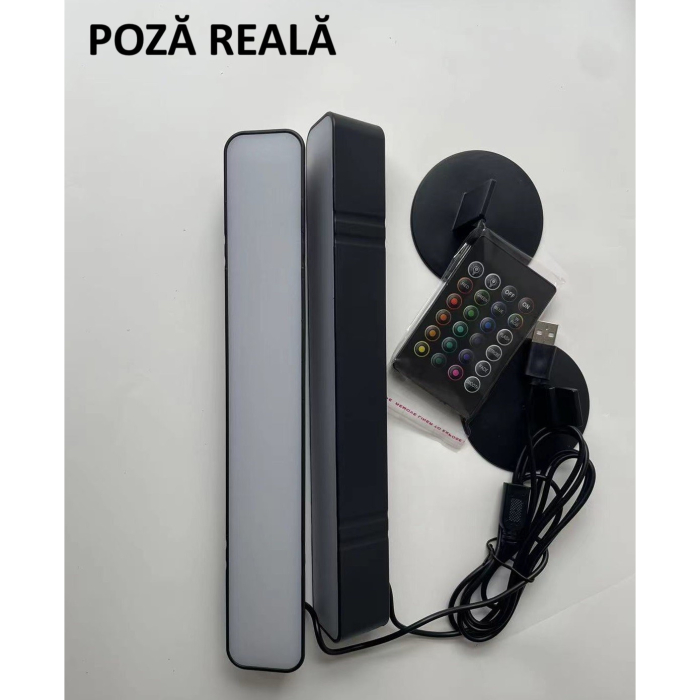 Set 2 Lampi de Birou, , RGB Colorat, 28 LED, Putere 5V, Telecomanda cu 24 de Taste, Cablu USB, Negru, 25.5x4x3.5cm [10]