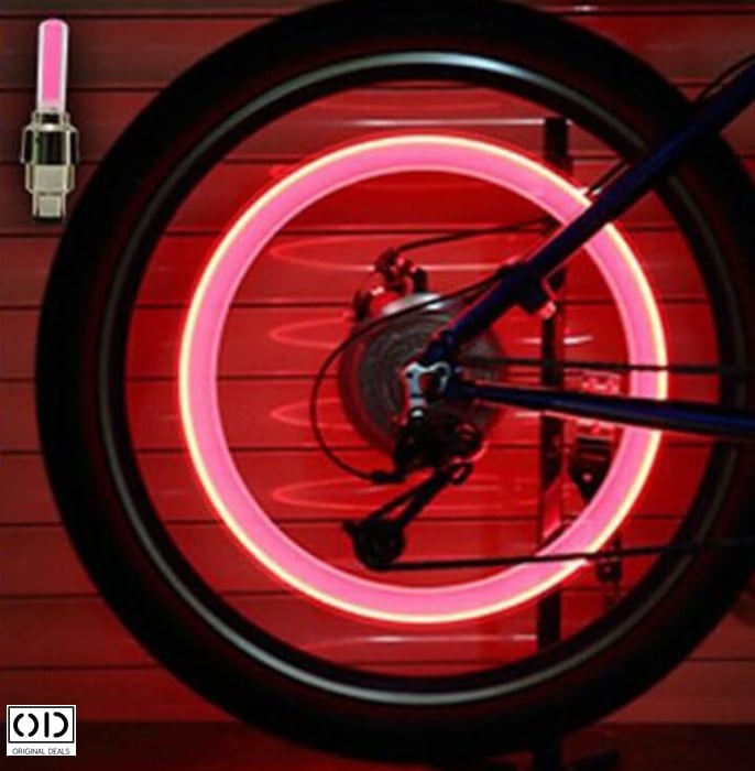 Set 2 Lumini LED cu Ventil si Baterii pentru Roata Cauciuc, Compatibil cu Bicicleta, Masina sau Motocicleta, Rosu [10]