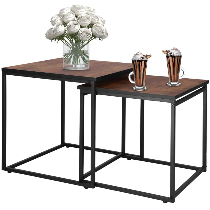 Set 2 mese pentru cafea, cadru otel, stil industrial, 50x50x52 cm si 45x45x47 cm, maro [2]