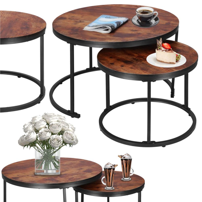 Set 2 mese pentru cafea suprapozabile, cadru otel, 70x70x47 cm si 50x50x40 cm, maro [5]