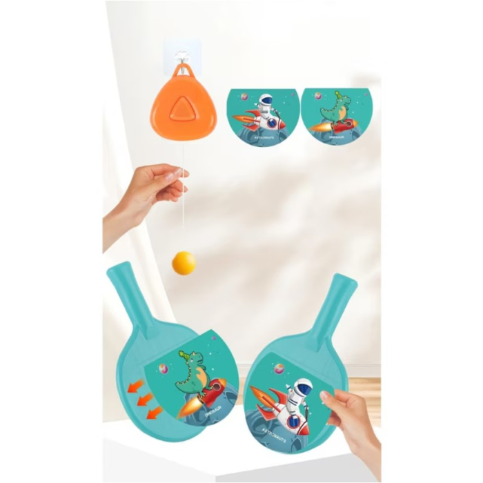 Set 2 Palete de Tenis de Masa, , pentru Copii, Design Animat, Tematica Astronauti, Accesoriu de Agatat Inclus si 2 Mingi, Albastru [4]