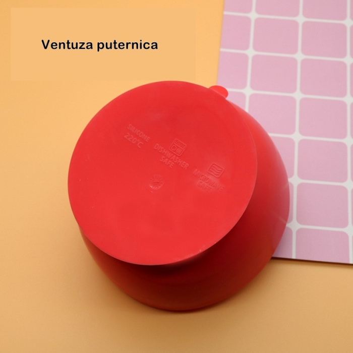 Set 2 piese diversificare bebelusi si copii din silicon , bol cu ventuza, lingurita din lemn si silicon, pentru gustari, fara alergeni, rosu [4]