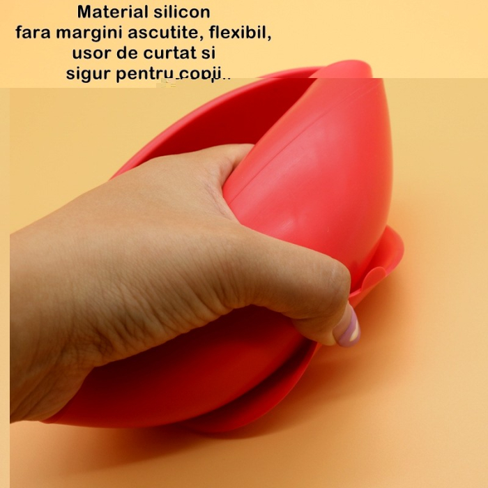 Set 2 piese diversificare bebelusi si copii din silicon , bol cu ventuza, lingurita din lemn si silicon, pentru gustari, fara alergeni, rosu [3]