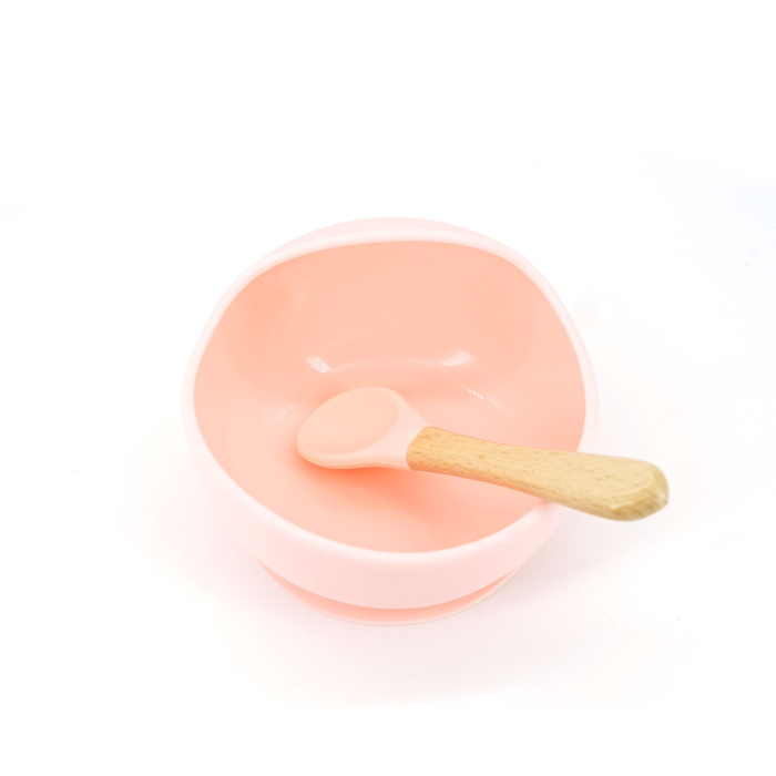 Set 2 piese diversificare bebelusi si copii din silicon , bol cu ventuza, lingurita din lemn si silicon, pentru gustari, fara alergeni, roz [2]