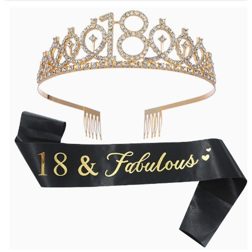 Set 2 Piese pentru Majorat, , 15 x 13 x 5 cm, Coronita Printesa Gold si Panglica 18&amp;Fabulous, Negru [10]