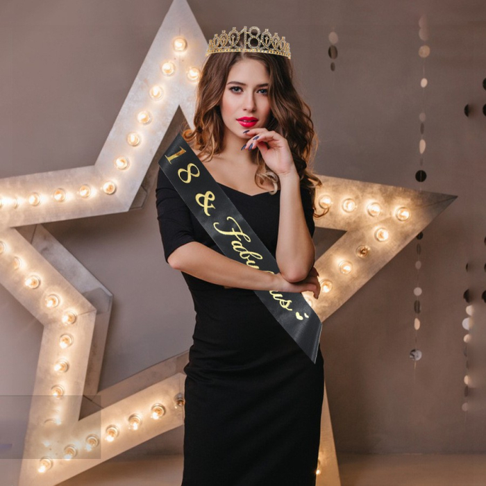 Set 2 Piese pentru Majorat, , 15 x 13 x 5 cm, Coronita Printesa Gold si Panglica 18&amp;Fabulous, Negru [8]