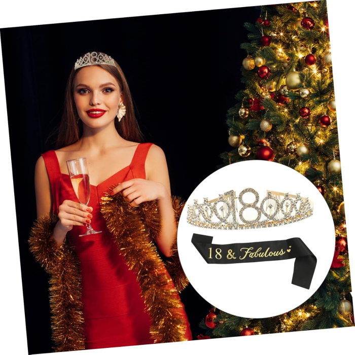 Set 2 Piese pentru Majorat, , 15 x 13 x 5 cm, Coronita Printesa Gold si Panglica 18&amp;Fabulous, Negru [3]