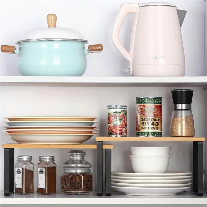 Set 2 rafturi de bucatarie suprapozabile, pentru ustensile sau condimente, 20x34x16cm, natur si negru [9]