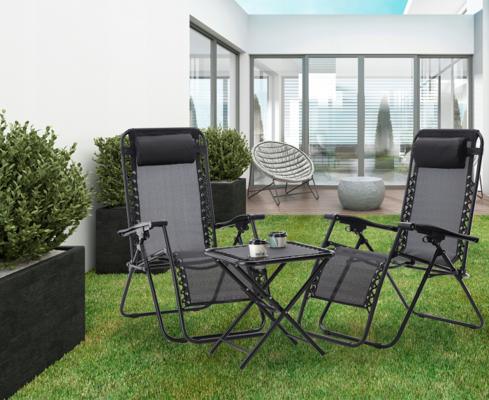 Set 2 sezlonguri pliabile 90x65x110 cm cu masuta 50x50x50 cm, textilene si cadru metalic, negru [7]