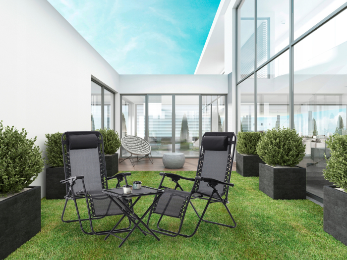 Set 2 sezlonguri pliabile 90x65x110 cm cu masuta 50x50x50 cm, textilene si cadru metalic, negru [11]