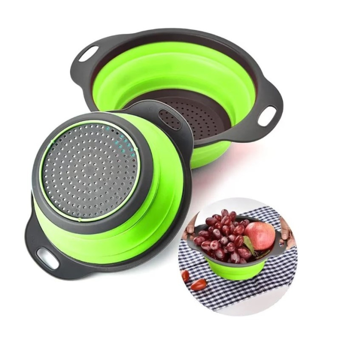 Set 2 strecuratori pliabile din silicon alimentar , cu manere, fund antiaderent si antialunecare, rotunda, doua dimensiuni, usor de depozitat, compatibil cu masina de spalat vase, verde [4]