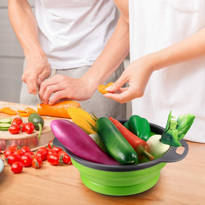 Set 2 strecuratori pliabile din silicon alimentar , cu manere, fund antiaderent si antialunecare, rotunda, doua dimensiuni, usor de depozitat, compatibil cu masina de spalat vase, verde [9]