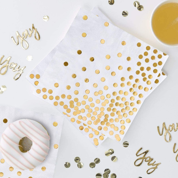 Set 20 de Servetele de Masa, , Imprimeu cu Buline Aurii, din Hartie, 17 x 17 cm, Alb [3]