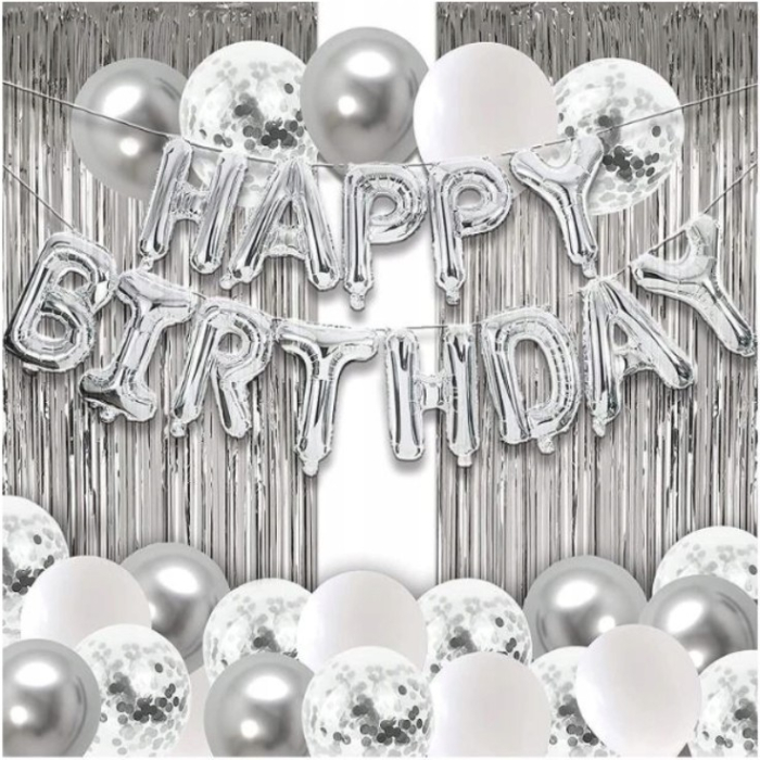 Set 24 de baloane folie si latex, 10 baloane latex simple, 10 bloane latex cu paiete, 4 baloane folie, ribon, 1x2 m perdea, Argintiu [2]