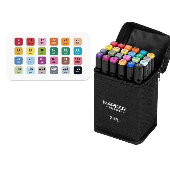 Set 24 Markere, , pe Baza de Ulei, Dublu Capat, Subtire 1mm si Gros 6 mm, Geanta Depozitare, 15 cm, Multicolor [1]