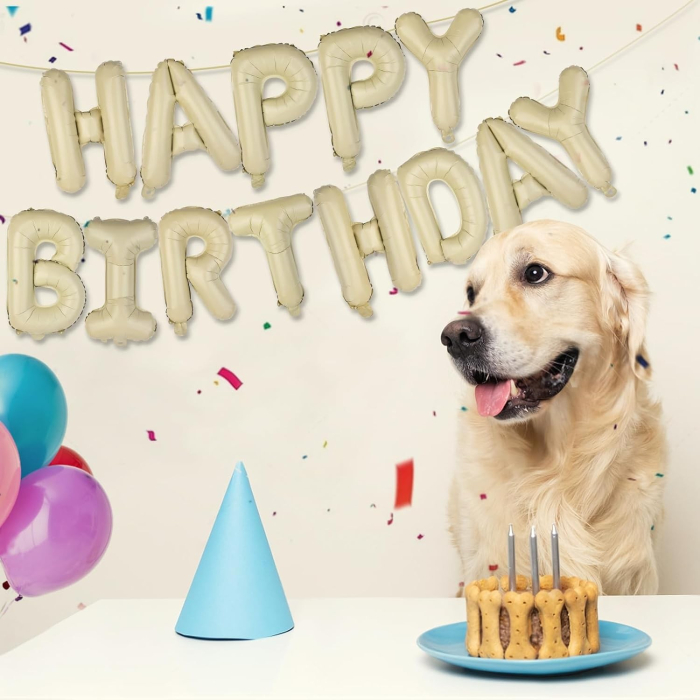 Set 25 de Baloane din Folie Metalizata si Latex, , Figurine 2 Stele, 4 Baloane Confetti, 13 Litere, 6 Latex, Model Happy Birthday, Tema Aniversare, 40 cm, Ambalaj Individual, Pai Inclus, Umflare cu Aer sau Heliu, Bej [5]