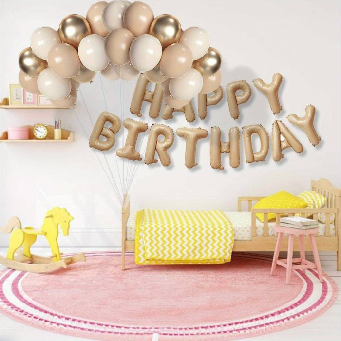 Set 25 de Baloane din Folie Metalizata si Latex, , Figurine 2 Stele, 4 Baloane Confetti, 13 Litere, 6 Latex, Model Happy Birthday, Tema Aniversare, 40 cm, Ambalaj Individual, Pai Inclus, Umflare cu Aer sau Heliu, Bej [6]