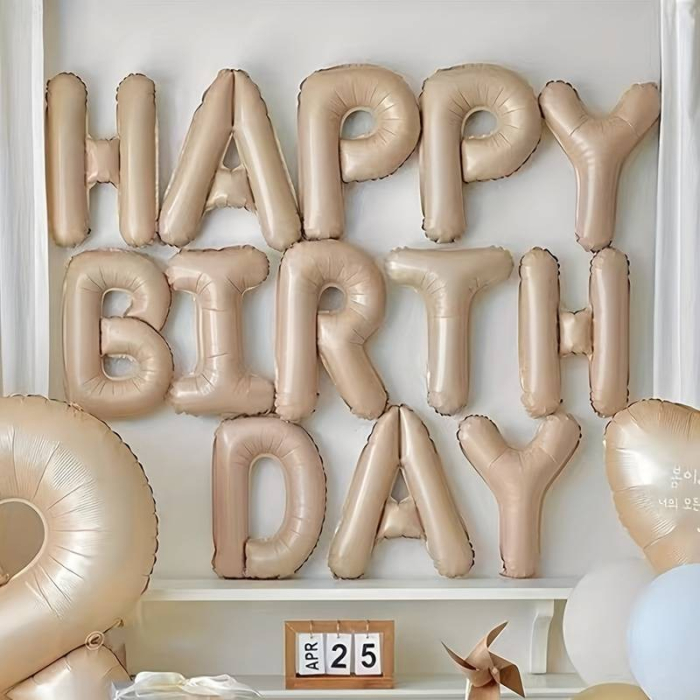 Set 25 de Baloane din Folie Metalizata si Latex, , Figurine 2 Stele, 4 Baloane Confetti, 13 Litere, 6 Latex, Model Happy Birthday, Tema Aniversare, 40 cm, Ambalaj Individual, Pai Inclus, Umflare cu Aer sau Heliu, Bej [7]