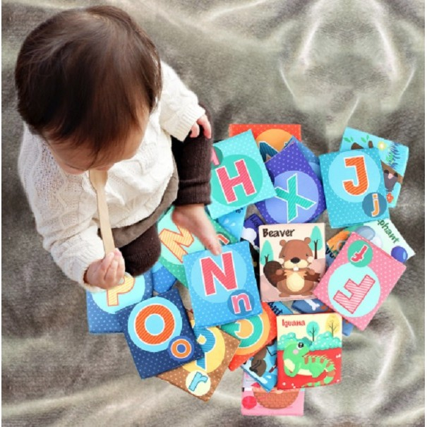 Set 26 Carduri din Panza cu Doua Fete, , Model Litere, Educational, Interactiv, Saculet Inclus, Multicolor [2]