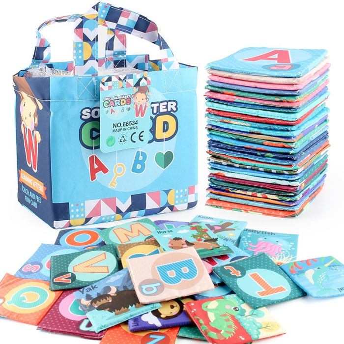 Set 26 Carduri din Panza cu Doua Fete, , Model Litere, Educational, Interactiv, Saculet Inclus, Multicolor [7]