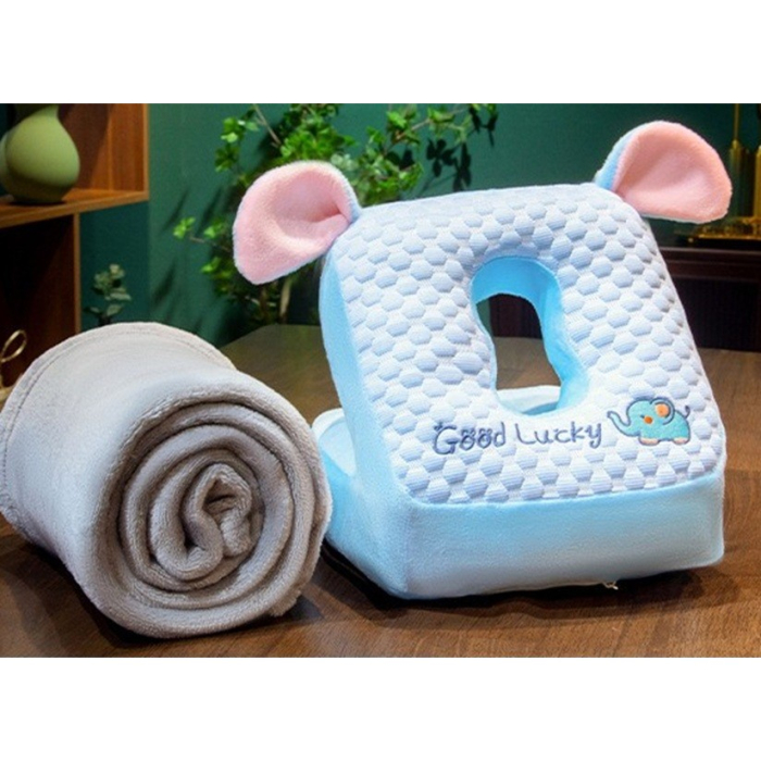 Set 2in1 Patura Microfibra si Perna din Spuma, , pentru Birou, Calatorii, Pauze, Model Elefant, Microfibra, 1x1.7 m, 30x35x30 cm, Albastru [3]