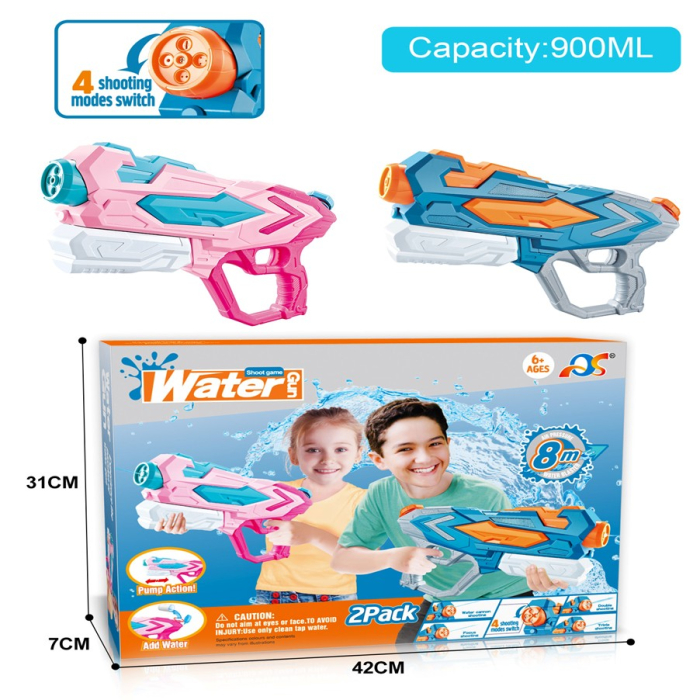 Set 2x Pistol cu Apa pentru Copii, Rezervor, Pentru Piscina/Plaja, , 6ani+, Roz + Albastru, 4 duze, 900 ML [2]