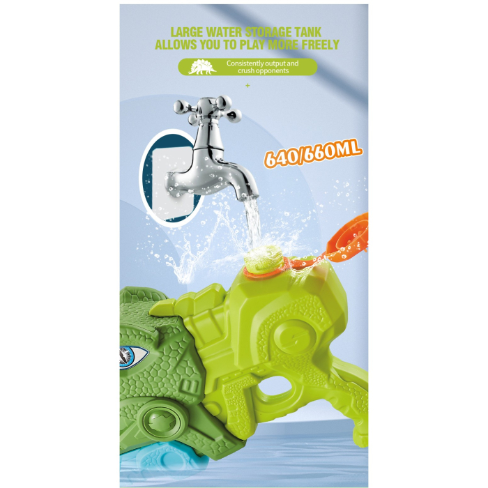 Set 2x Pistol cu Apa pentru Copii, Rezervor, Pentru Piscina/Plaja, , 6ani+, Tiranozaur, Roz + Verde,660 ML [6]