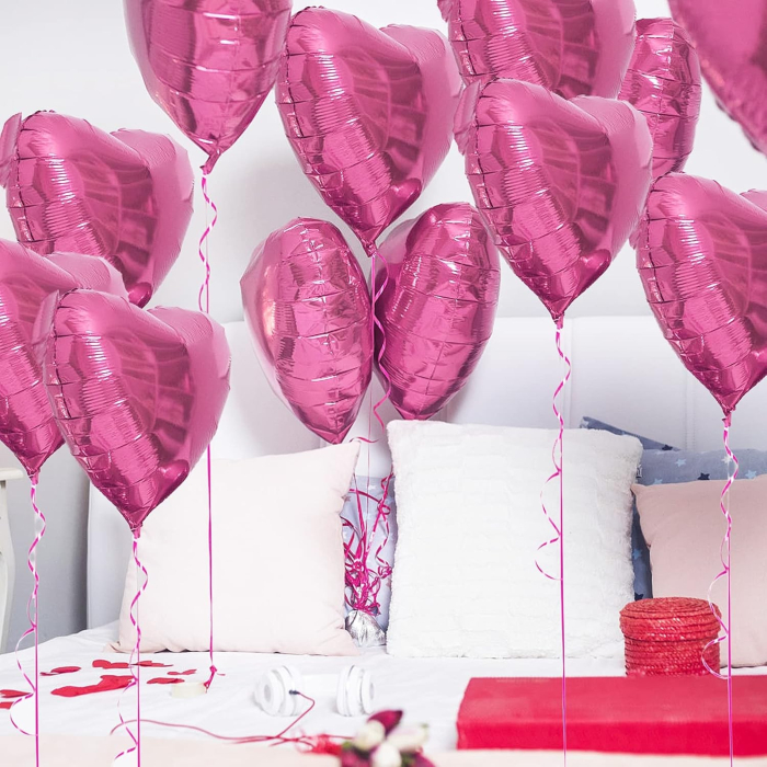 Set 3 Baloane din Folie Metalizata, , Figurina Inima, Tema Ziua Indragostitilor, 45 cm, Ambalaj Individual, Pai Inclus, Umflare cu Aer sau Heliu, Roz [8]