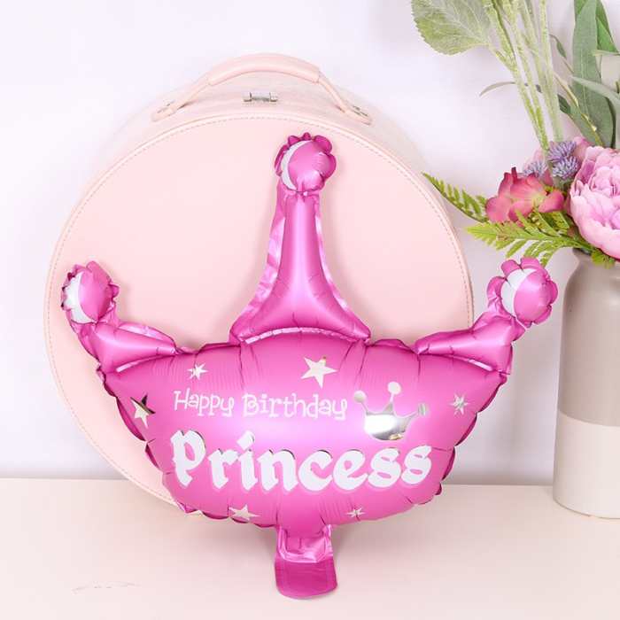 Set 3 Baloane din Folie Metalizata, , Figurine Coroana si Stea, Model Aniversare, 40 cm, Ambalaj Individual, Pai Inclus, Umflare cu Aer sau Heliu, Roz [4]