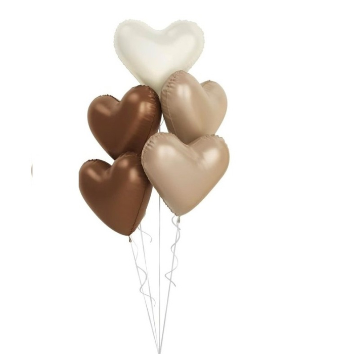 Set 3 Baloane din Folie Metalizata, , Figurine Inimi, Tema Ziua Indragostitilor, 45 cm, Ambalaj Individual, Pai Inclus, Umflare cu Aer sau Heliu, Crem/Maro [6]