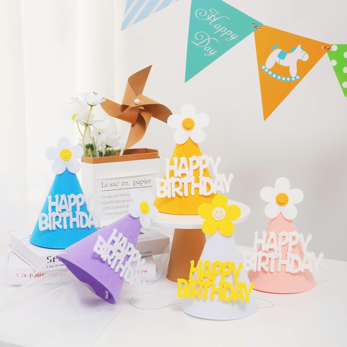 Set 3 Coifuri Happy Birthday, , pentru Petrecere, Tematica Aniversare, cu Floare din Spuma, Multicolor [12]