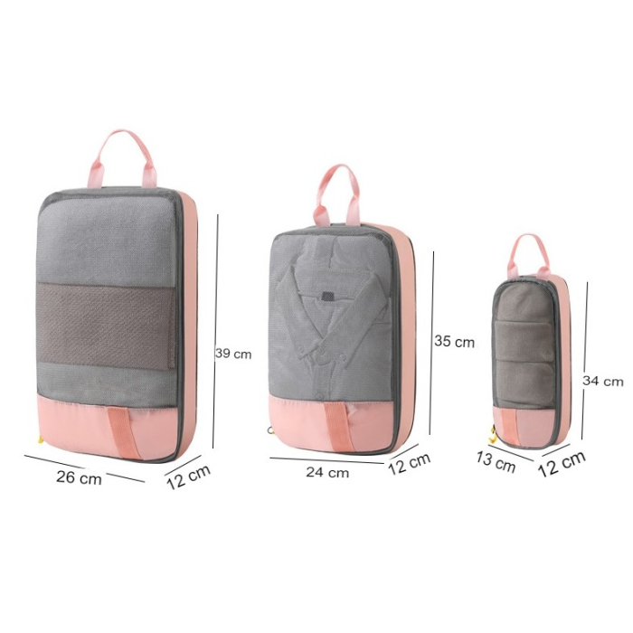 Set 3 Genti de Calatorie , Pentru Depozitare, Compresibile, 3 Dimensiuni, Mic, Mediu, Mare, Impermeabile, Fermoar Dublu, Roz [12]