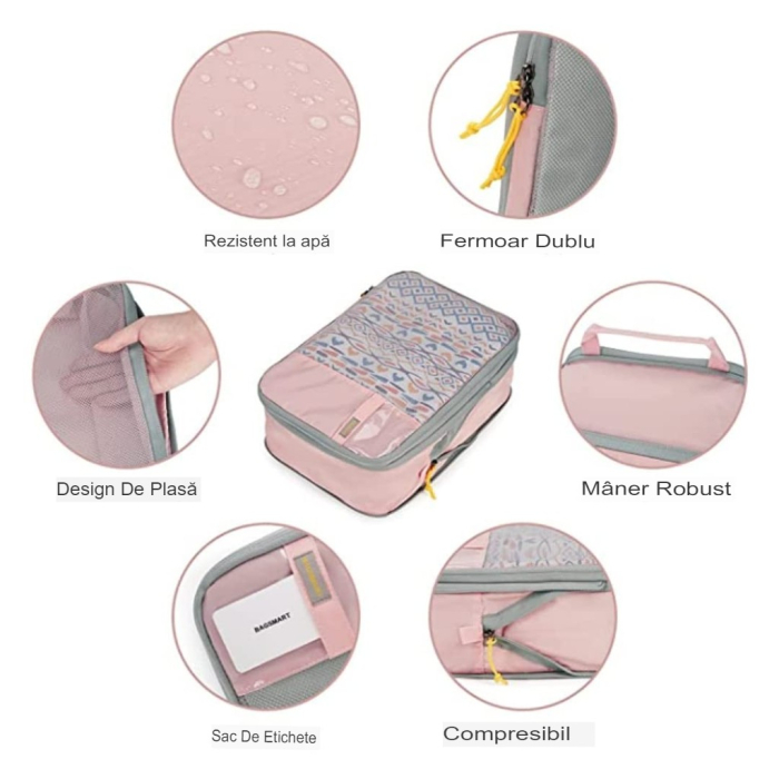 Set 3 Genti de Calatorie , Pentru Depozitare, Compresibile, 3 Dimensiuni, Mic, Mediu, Mare, Impermeabile, Fermoar Dublu, Roz [11]