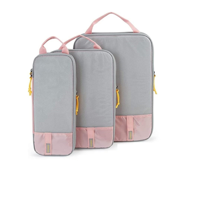 Set 3 Genti de Calatorie , Pentru Depozitare, Compresibile, 3 Dimensiuni, Mic, Mediu, Mare, Impermeabile, Fermoar Dublu, Roz [2]