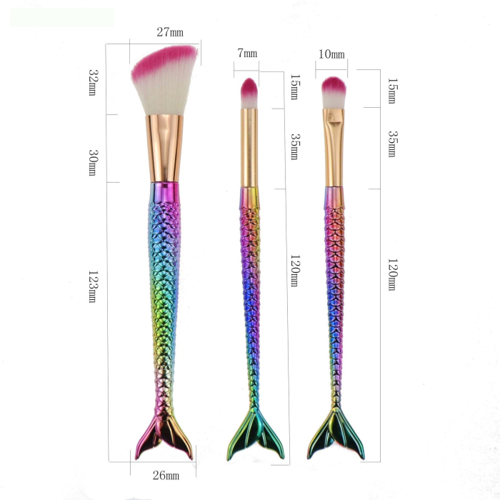 Set 3 Pensule pentru Machiaj , in Forma de Sirena, Electroplacate, Detalii Fine, Maner Ergonomic, Peri din Fibra Moale, Multicolor [2]