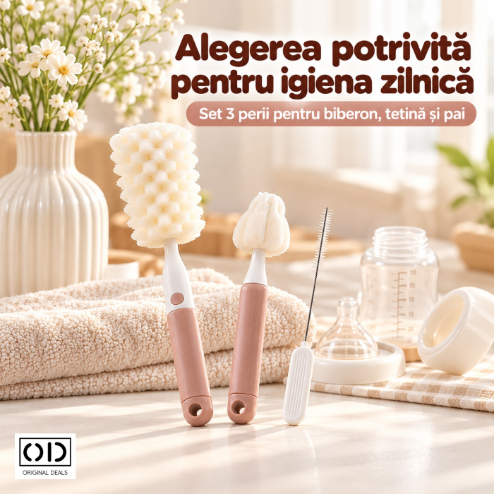Set 3 perii roz pentru spalat biberoane, tetine si paie, cu burete moale, ORIGINAL DEALS [7]