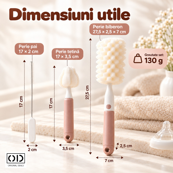 Set 3 perii roz pentru spalat biberoane, tetine si paie, cu burete moale, ORIGINAL DEALS [5]