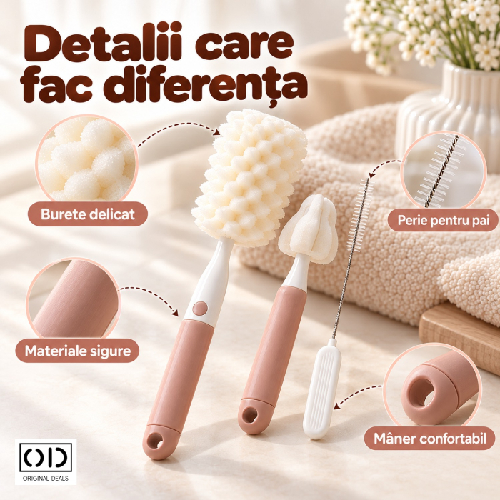 Set 3 perii roz pentru spalat biberoane, tetine si paie, cu burete moale, ORIGINAL DEALS [4]