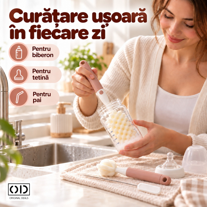 Set 3 perii roz pentru spalat biberoane, tetine si paie, cu burete moale, ORIGINAL DEALS [2]