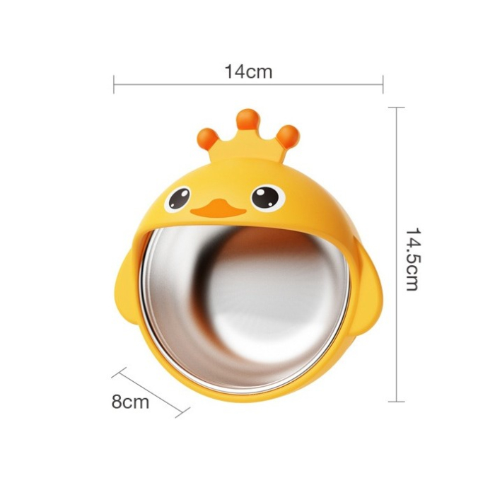 Set 3 Piese Diversificare Bebelusi si Copii, , Bol, Lingura si Furculita, Model Ratusca, din Silicon si Otel Inoxidabil, Galben [6]