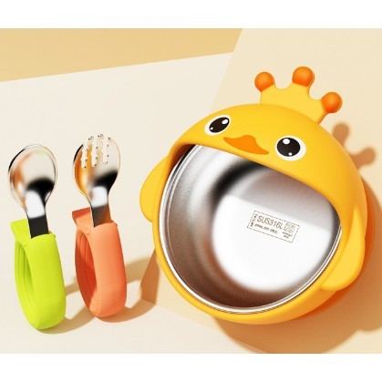 Set 3 Piese Diversificare Bebelusi si Copii, , Bol, Lingura si Furculita, Model Ratusca, din Silicon si Otel Inoxidabil, Galben [7]