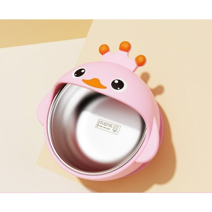 Set 3 Piese Diversificare Bebelusi si Copii, , Bol, Lingura si Furculita, Model Ratusca, din Silicon si Otel Inoxidabil, Roz [2]