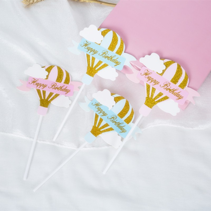 Set 3 Toppere pentru Tort, , Model Balon cu Aer Cald Happy Birthday, Tematica Aniversare, Albastru [3]